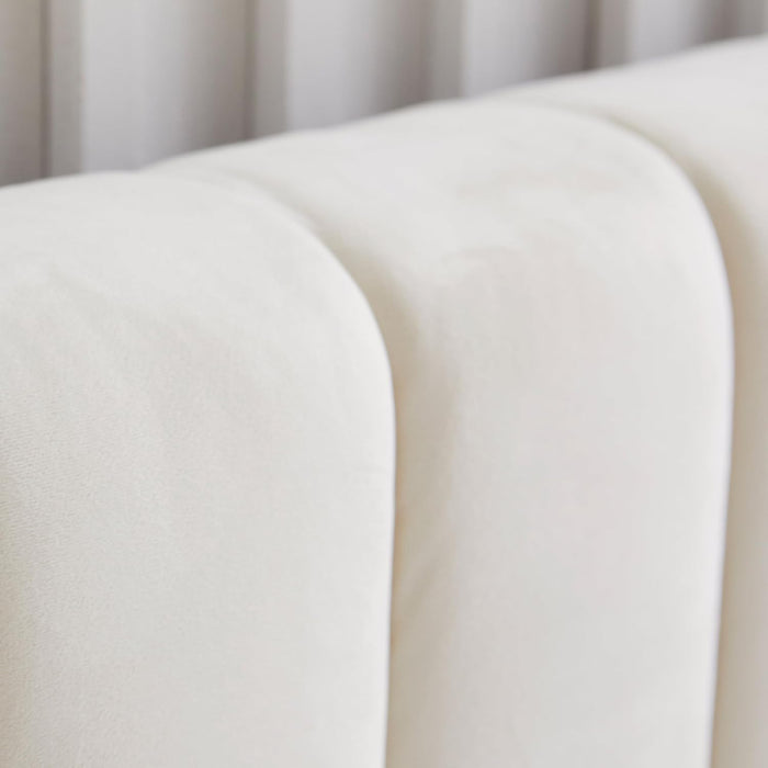 King Size Elton Velvet Platform Bed, Upholstered Bed Frame with Vertical Channel Tufted Headboard Footboard, Strong Wood Slats, No Box Spring Needed, Ivory (King)