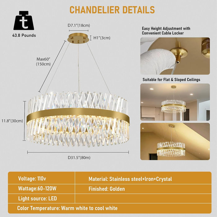 Modern Crystal Chandelier, 32 Inch Gold Crystal Chandeliers for Dining Room over Table, Luxury round Chandeliers for Living Room Dining Room Light Fixture Chandelier for Entryway Bedroom, Kitchen