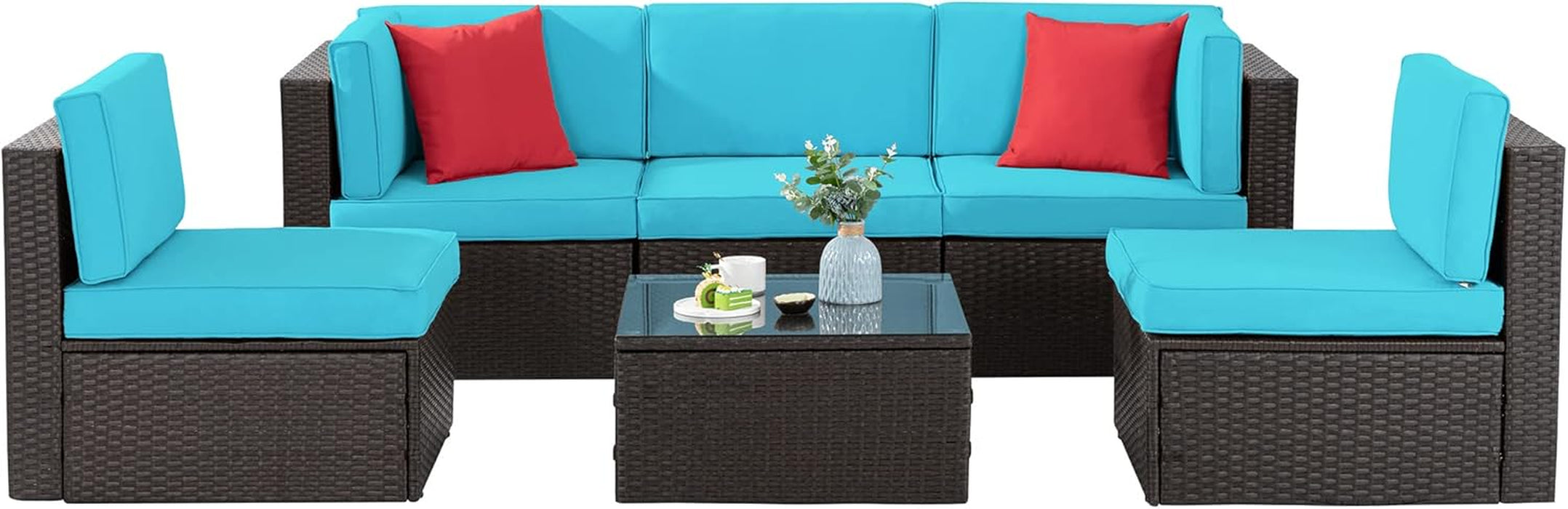 6 Pieces Patio Furniture Sets Outdoor All-Weather Sectional Patio Sofa Set PE Rattan Manual Weaving Wicker Patio Conversation Set with Glass Table & Ottoman Cushion and Red Pillows, Blue