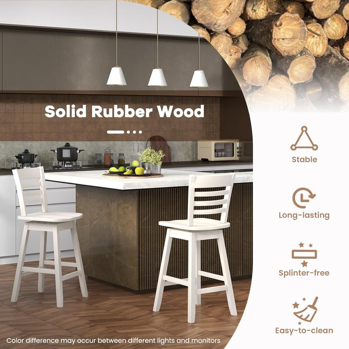 Wood Bar Stools Set of 2, 24.5" Swivel Counter Height Bar Stools with Slatted Hollow Back & Ergonomic Contoured Seat, Footrest, Farmhouse Wooden Barstools for Kitchen Island, Bar, Cafe, White