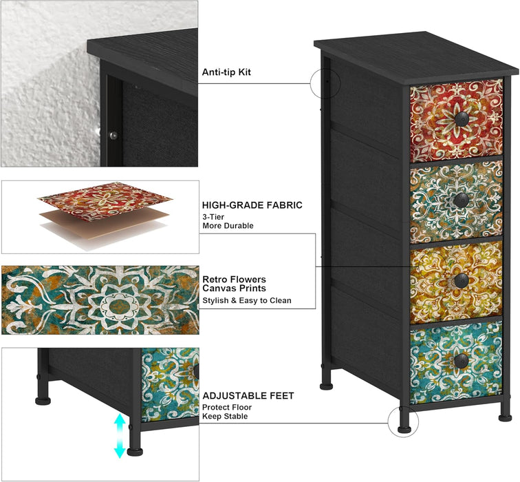 Skinny Slim Dresser with Fabric Drawers Thin Boho Mandala Flower Chest of Drawers Narrow Storage Tower for Small Spaces Gaps Bedroom Beautiful Nightstand Living Room Table