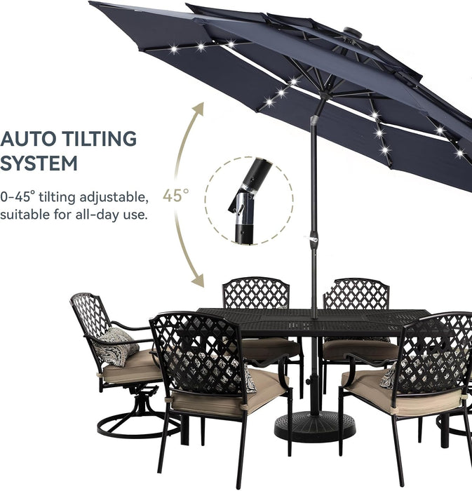 10Ft Patio Umbrella with Solar Lights, Auto-Tilt Lighted Market Table Umbrellas with Crank, 8 Sturdy Ribs & 1.5" Pole Outdoor Umbrellas for Patio Garden Deck Backyard Pool, Navy Blue