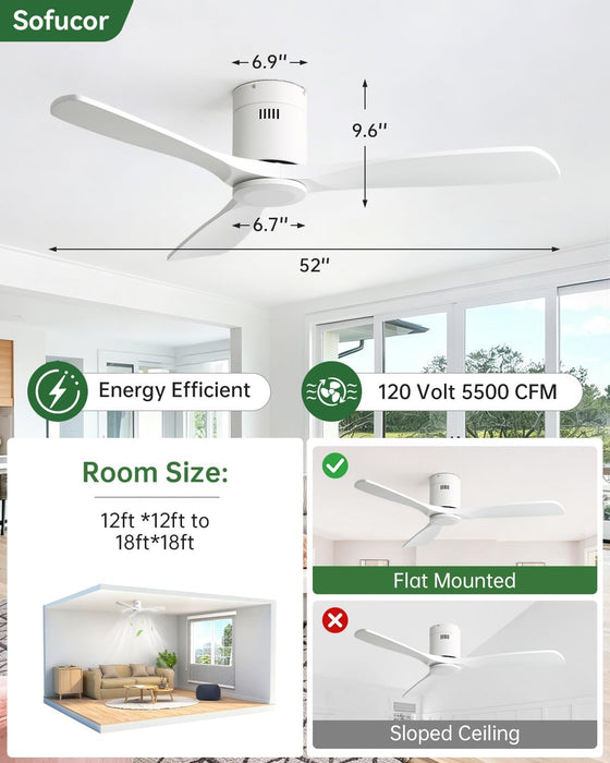 52 Inch Smart Ceiling Fan No Light, Flush Mount Low Profile