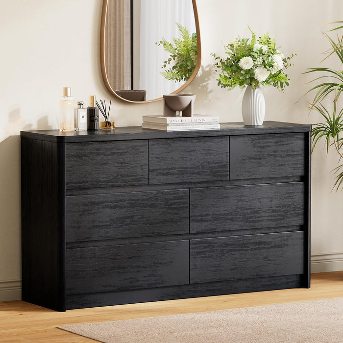 Modern 7 Drawers Dresser for Bedroom, 55" Wide Bedroom Dressers & Chest of Drawers W/Curved Profile, Mid Century Wood Dressers with Handleless Design, Large Dresser for Bedroom Living Room