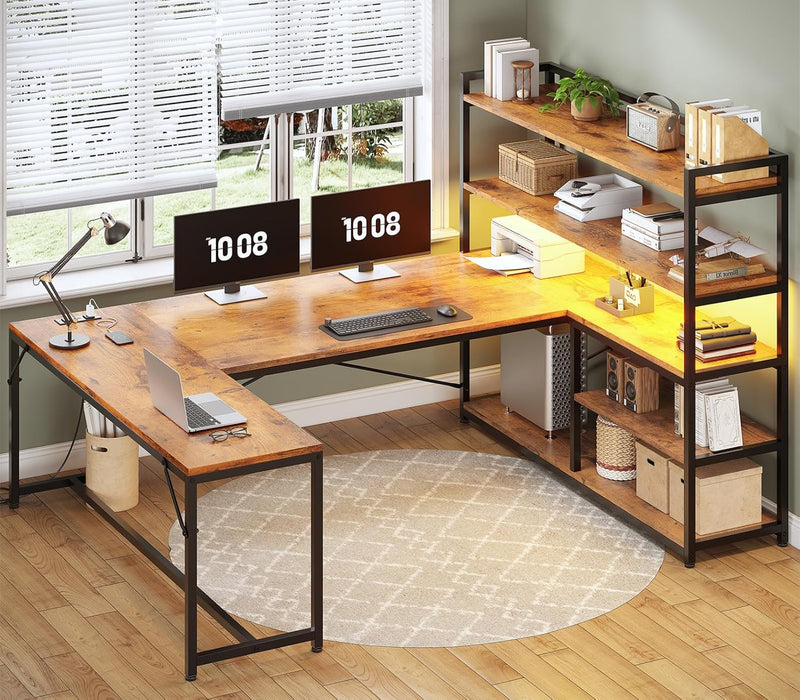 L Shaped Desk with Storage Shelves, 63” Reversible U Shaped Office Desk, Gaming Desk with Power Outlet and LED Lights for Home Office, Rustic Brown