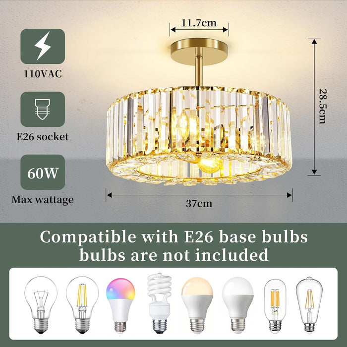 4-Light Crystal Ceiling Light Fixture - 14.56 Inch Modern Semi Flush Mount Ceiling Light Crystal Chandelier for Kitchen Bedroom Dinning Room Hallway - Gold