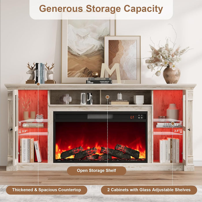 Farmhouse Fireplace TV Stand up to 80" Tvs, 70" Modern Highboy Entertainment Center with 36" Electric Fireplace & LED Lights, Media Console with Adjustable Shelves for Living Room, Antique Brush Gray