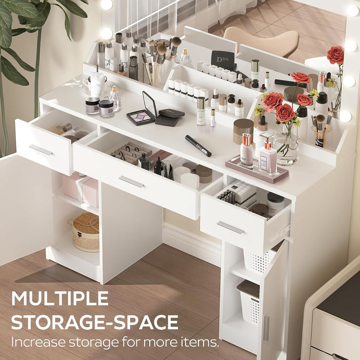 47.5” Vanity Desk with Large Mirror, 3 Colour Lighting Modes, Adjustable Brightness, Dresser with 3 Drawers & 2 Vertical Cabinets, Makeup Vanity Table for Women Girls