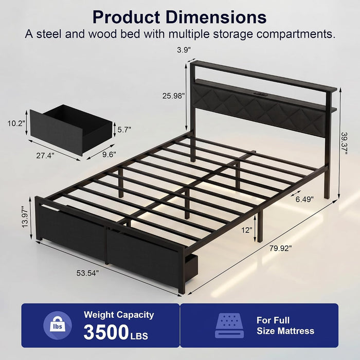 Full Bed Frame with LED Lights, Charging Station & 2 Storage Drawers, Metal Platform with Upholstered Headboard, No Box Spring Needed, Easy Assembly