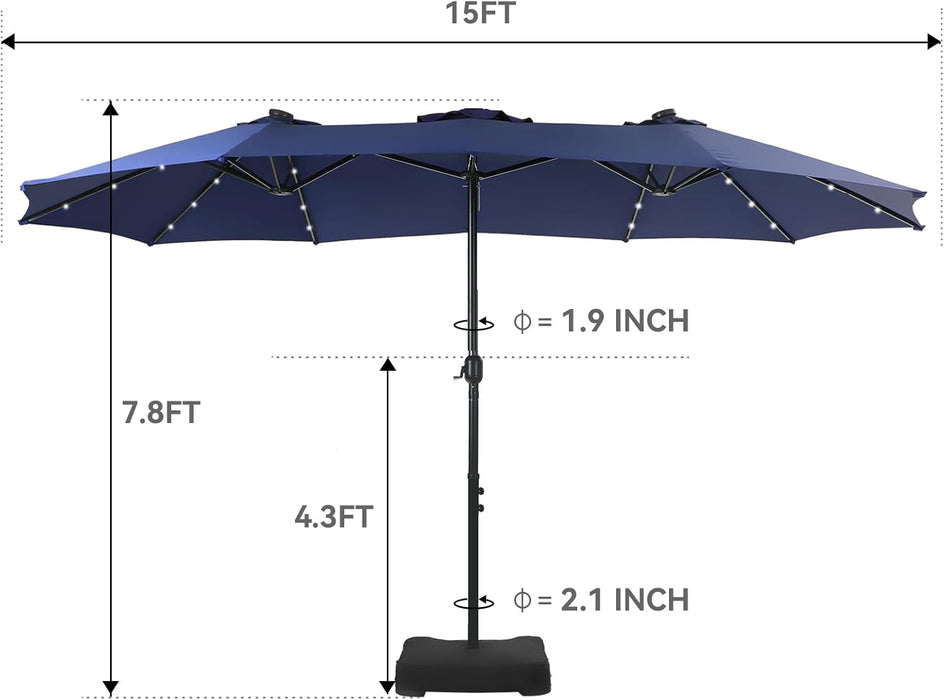 15 Ft Large Outdoor Patio Umbrella with Solar Led Lights & Base Included, Double-Sided Rectangular Table Umbrella with Stand, Market Umbrellas for Deck Poolside Garden Backyard, Navy Blue