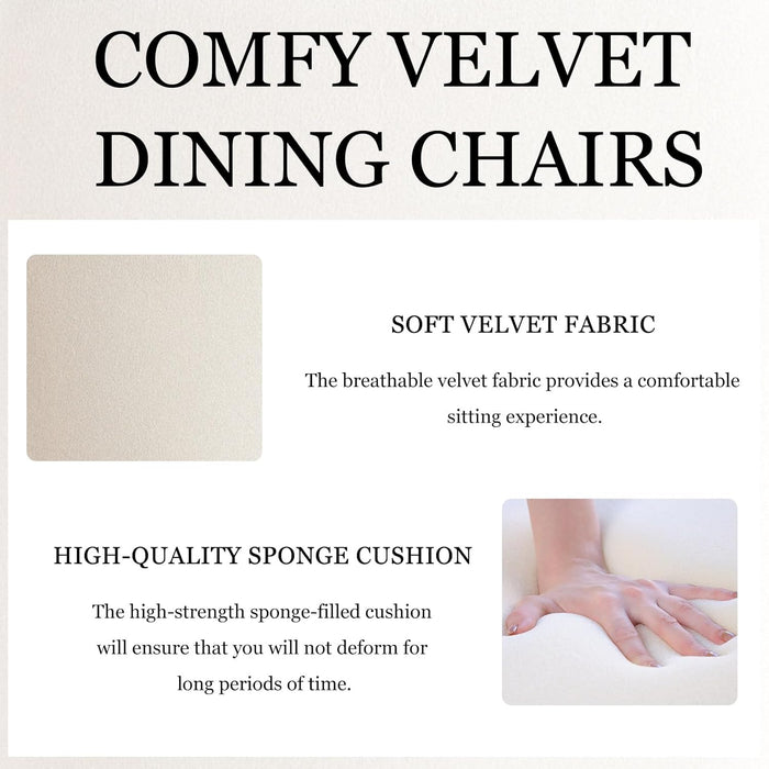 Velvet Dining Chairs Set of 2, Modern Dining Room Chairs with Gold Metal Legs, Upholstered Kitchen Armless Chairs,Comfy Vanity Chairs for Living Room -White