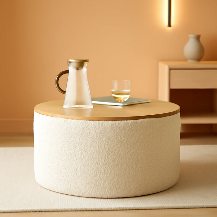 21 Inch Modern round Ottoman with Storage, Large Dorm Boucle Ottoman Coffee Table, Multi-Functional Wood Foot Rest Stool, Extra Seating Chair for Dorm, Living Room Couch, Bedroom, Off-White