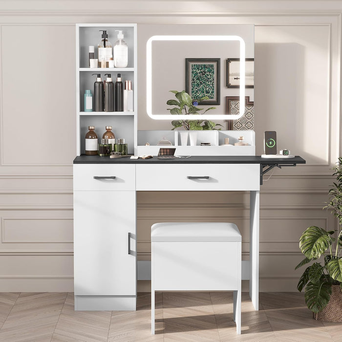 Farmhouse Makeup Vanity Desk with Mirror and Lights | Large Makeup Vanity Table with Power Outlet, Drawers and Cabinet with Storage Bench for Women Girls, Black