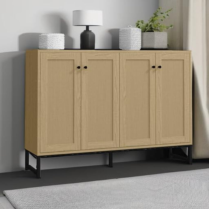 Sideboard Accent Storage Cabinet with Rattan Decorated 4 Doors Dining Room Freestanding Kitchen Buffet Table Cupboard (Natural)