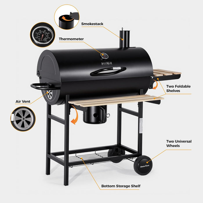 Barrel Charcoal Grill with Foldable Front Wood Shelf, 686 Sq.In. Cooking Area Outdoor Bbq Grill, Thermometer and Adjustable Air Vents for Backyard, Patio, Parties, Tailgating, Black