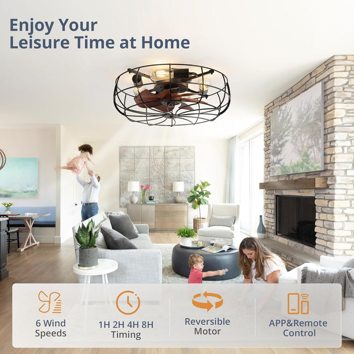 20" Caged Ceiling Fans with Lights and Remote, Flush Mount Bladeless Low Profile, Small Farmhouse Industrial Enclosed Ceiling Fan for Bedroom, Kitchen, Indoor