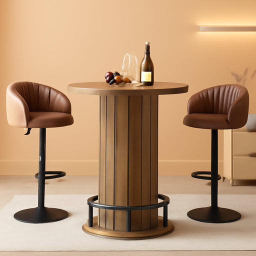 round Bar Table, 39.4" H Wood Bistro Pub Table with Metal Ring Footrest for Dining Coffee Cocktail Living Room, Small Space, Brown(Only Table)