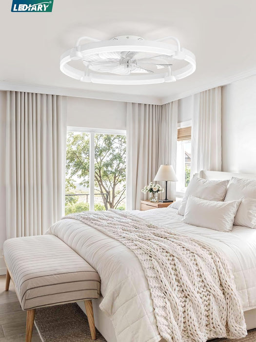 Ceiling Fans with Lights and Remote, 24'' Low Profile Ceiling Fan with Light, 3000-6000K Dimmable Fandelier LED Fan Light, 6 Wind Speeds, White Modern Flush Mount Ceiling Fan for Bedroom