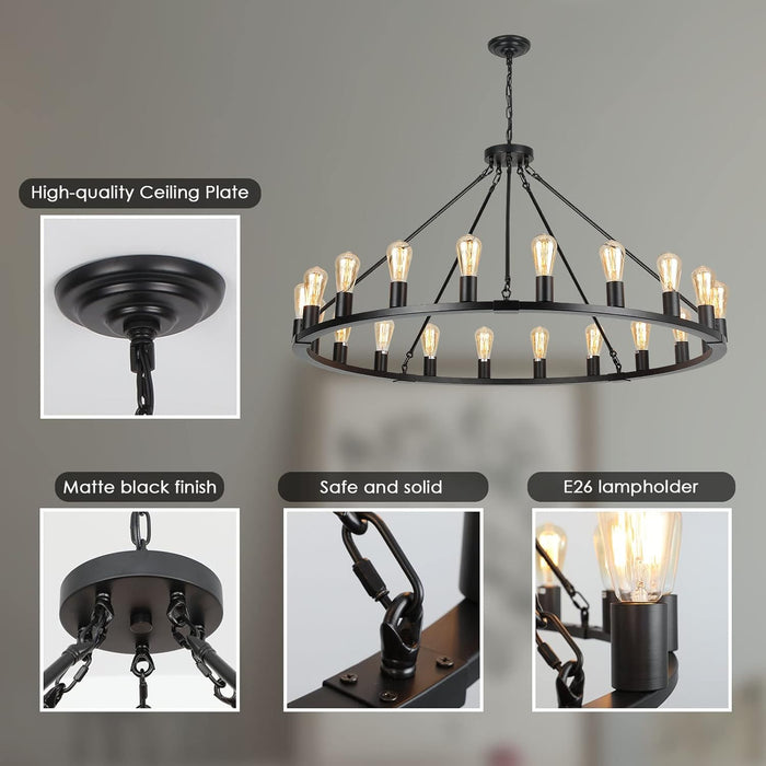 Wagon Wheel Chandelier, Large Black Farmhouse Chandelier for Dining Room Light Fixture, 20-Light 48 Inch Extra Hanging Lighting for High Ceilings Living Room Kitchen Island Foyer Villa