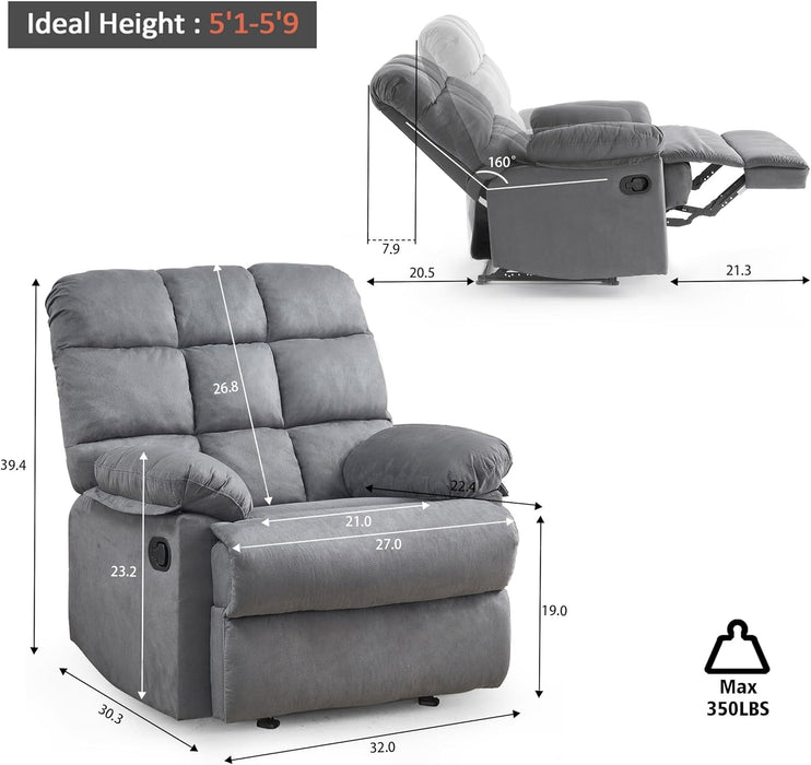 Rocker Recliner Chair, Overstuffed Large Manual Rocking Recliner for Adults, Upholstered Comfy Soft Fabric Living Room Reclining Sofa Chair(Gray)