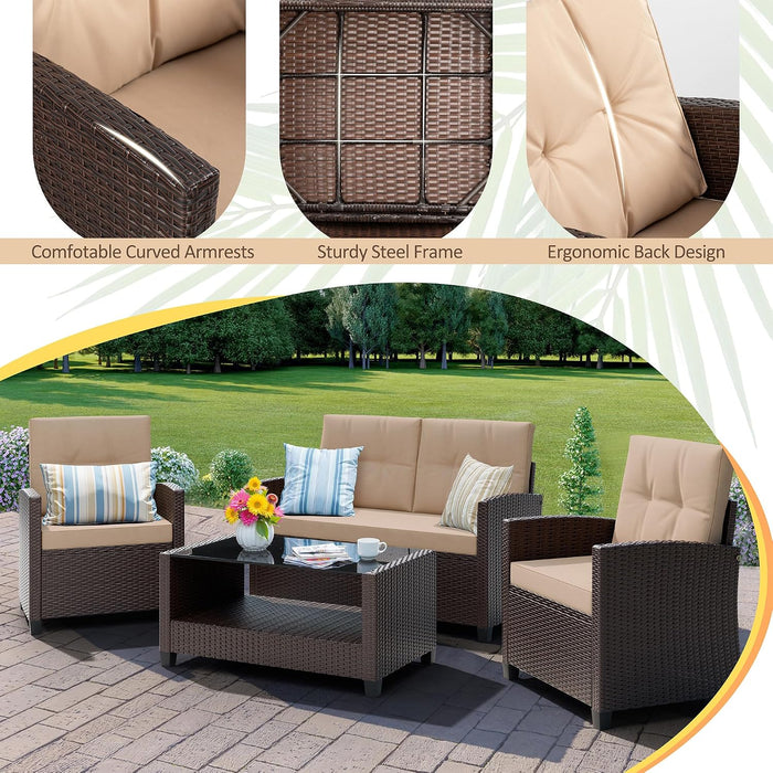 4 Piece Patio Furniture Set, Outdoor Rattan Conversation Set with Coffee Table, outside Wicker Sectional Sofa Couch with Cushion, Brown and Khaki
