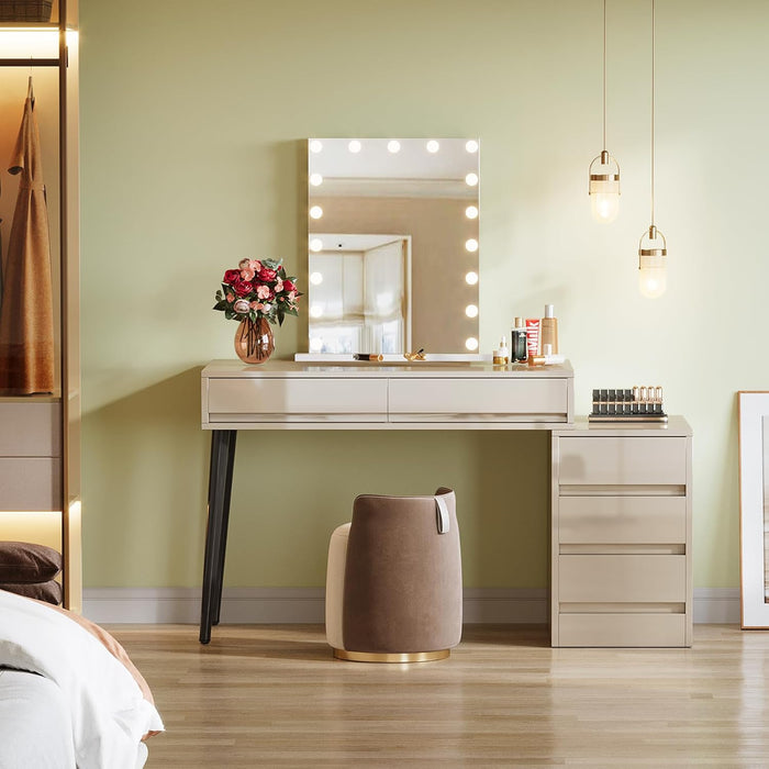 Vanity Desk with 5 Drawers, Makeup Table with Reversible Drawer Cabinet Printer Stand, Modern Computer Desk Dressing Table for Bedroom Office, Gloss Beige (No Mirrors)