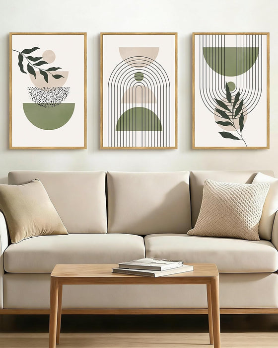 Large 16X24In Green Botanical Boho Wall Art Framed Modern Sage Bohemian Wall Decor Abstract Geometry Lines Prints Ready to Hang Natural Framed