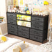 12 Drawers Dresser for Bedroom with LED Lights & Charging Station,Tv Stand for 55-60 Inch Tv,Fabric Dressers & Chests of Drawers with 3 Wooden Shelves for Hallway,Black Wood Grain