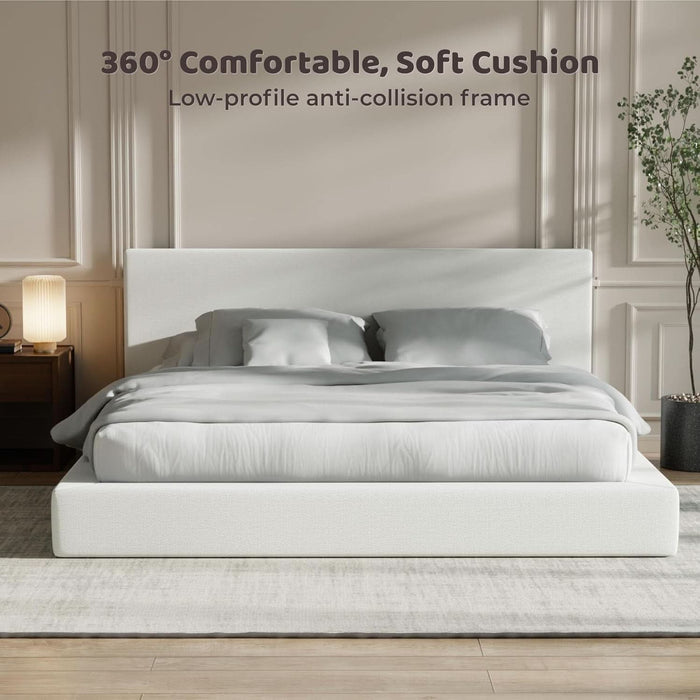Cloud Upholstered King Bed Frame with Headboard, 5 Inch Foam Padded Platform, No Box Spring, Easy Assembly (Snow White)