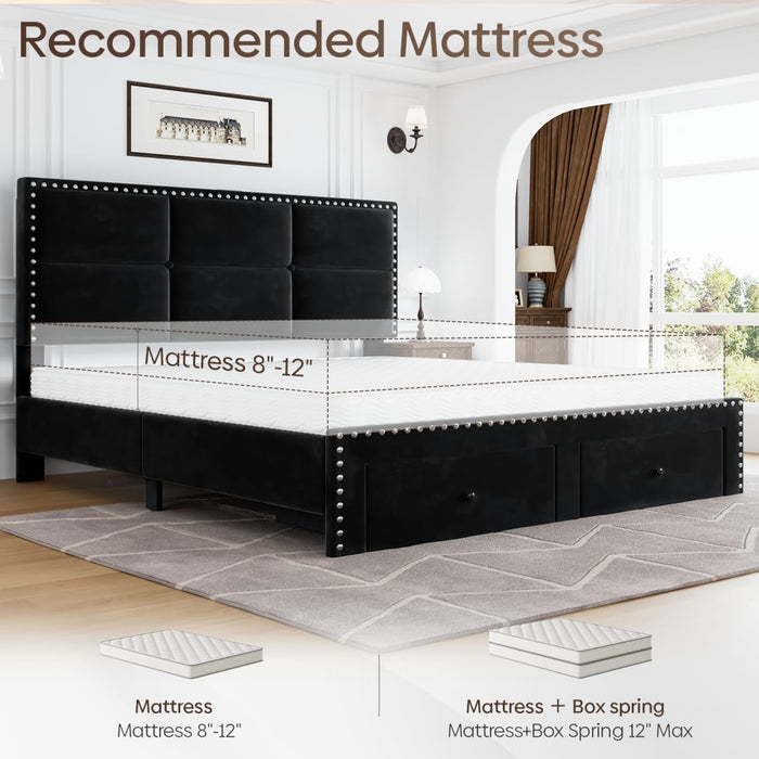 Queen Bed Frame with 2 Storage Drawers, Wooden Slats Support, Velvet Upholstered Platform Bed Frame Queen Size with Charging Station, Noise-Free, Easy Assembly, No Box Spring Needed, Black