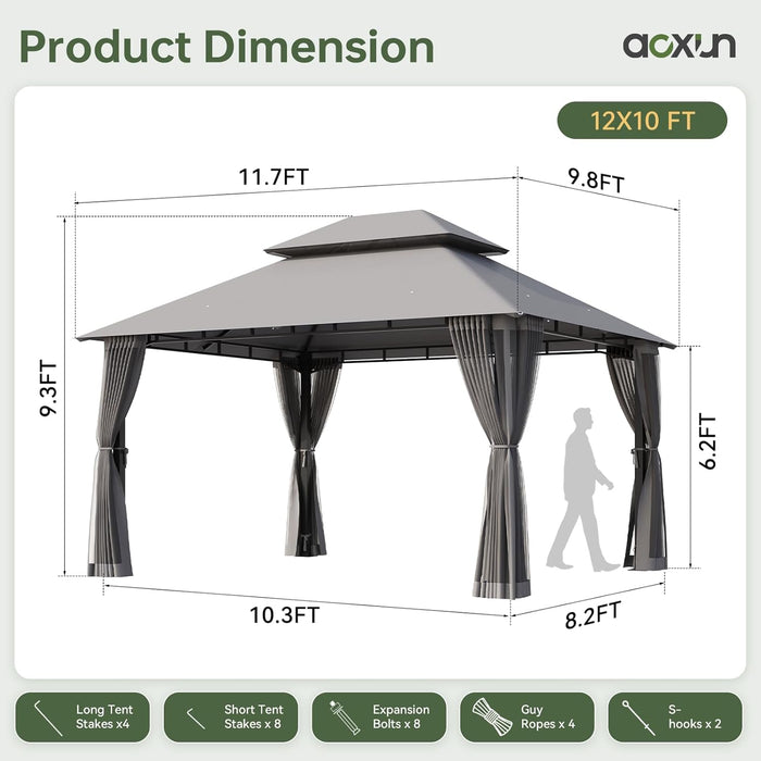 12X10 Gazebo with Double Roof & Mosquito Netting Outdoor Heavy-Duty Party Tent, Patio Tent with Zipper Screens - Backyard Garden Lawn Shelter Includes Wind Ropes Expansion Bolts, Gray