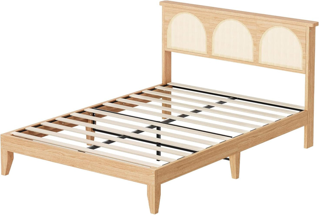 Rattan Bed Frame with Headboard, Wooden Platform Bed Frame Queen Size with Smart RGB LED Storage Headboard, Boho Wood Bed Frame No Box Spring Needed, under Bed Storage, Easy Assembly