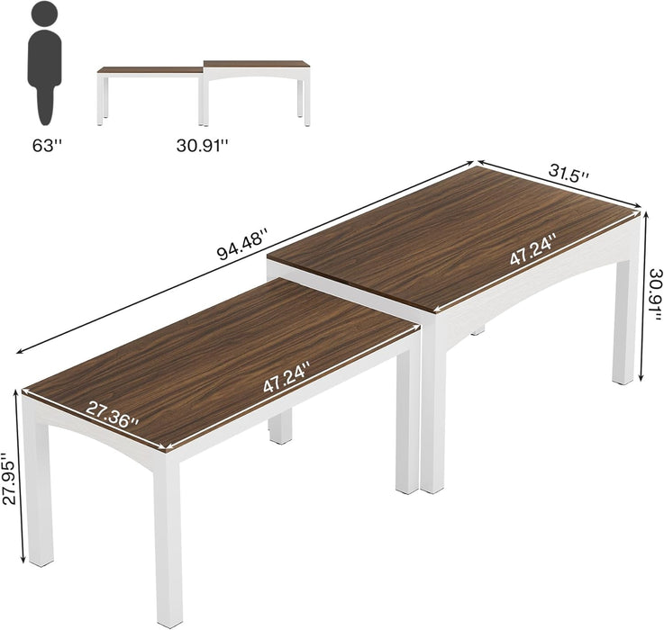 47”-95” Extendable Dining Table, Long Wood Kitchen Table with Heavy-Duty Metal Frame, Farmhouse Large Rectangular Dinner Table for Dining Room, Brown & White