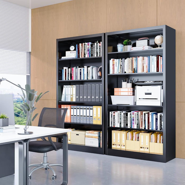 5 Tier Bookcase, 55" Tall Heavy Duty Metal Bookshelf, Free Standing Bookcase with Back Panel & 4 Adjustable Storage Shelves, Open Display Shelf for Bedroom Living Room Home Office (Black)