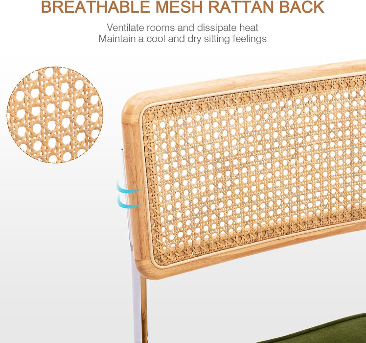 Natural Rattan Counter Stools Set of 2, 26" Modern Boho Barstools | Mid Century Modern Bar Stools with Cane Mesh & Chrome Legs, Vintage Velvet Fabric Counter Height Chairs for Kitchen, Green