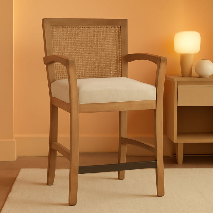 Diedra, Counter Stool Kitchen Island Counter Stool, Natural Cane Backrest, Solid Wood Legs, Upholstered Seat, Counter Height Stool for Kitchen Island Stool, 38" H, Reclaimed Natural - ShipItFurniture