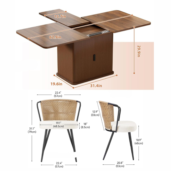47"-63" Extendable Dining Table Set with 4 Upholstered Chairs, Storage Base, Brown