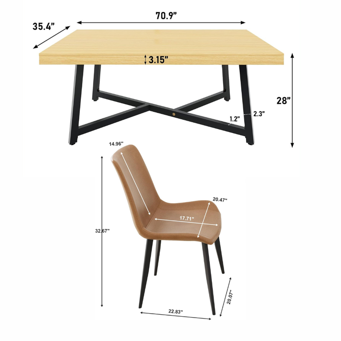 71 Inch Farmhouse Dining Table Set with 6 Brown Upholstered Chairs