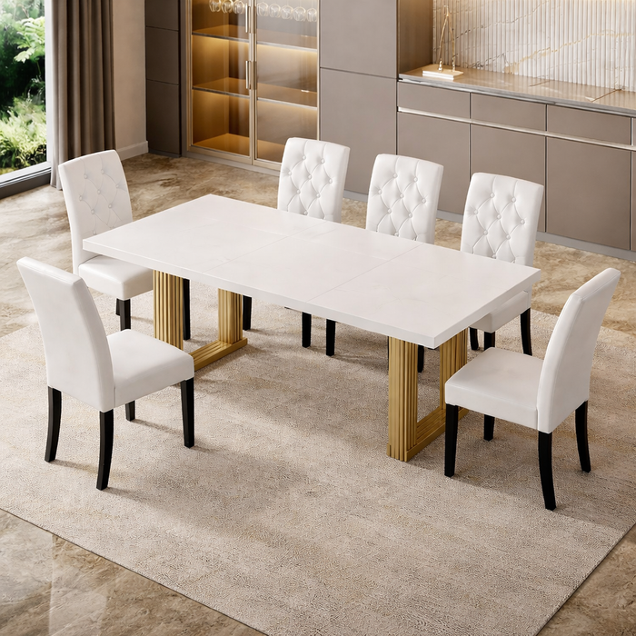 White 70.8 Inch ElegantUpholstered DiningTable Set Tufted