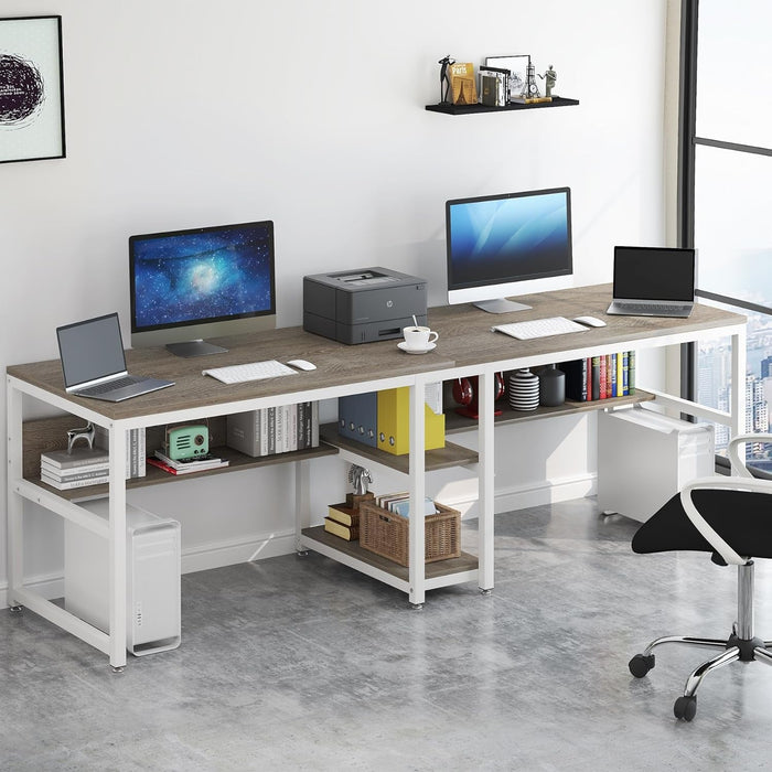 Double Workstation Desk For Two Person With Shelf - ShipItFurniture