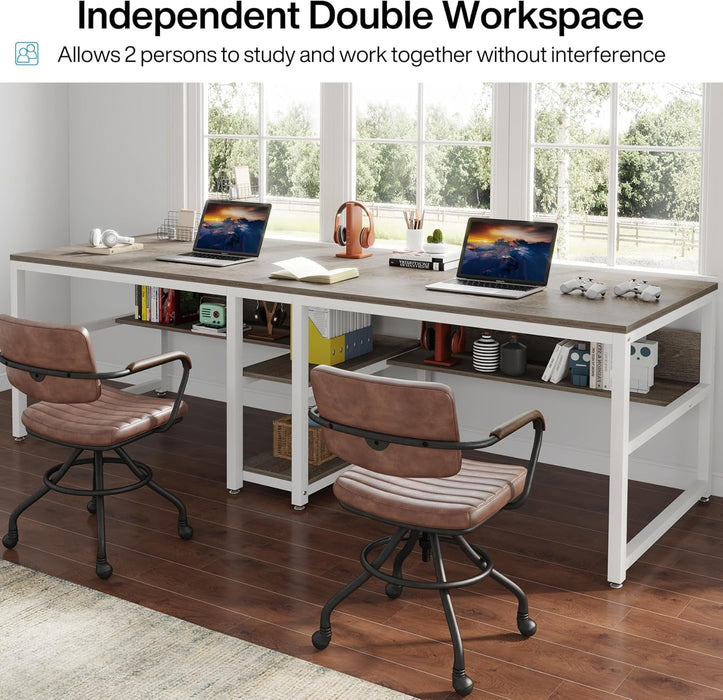 Double Workstation Desk For Two Person With Shelf - ShipItFurniture