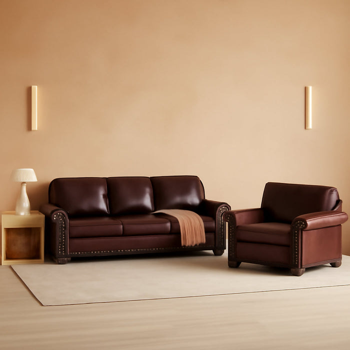 2-Piece Comfy Upholstered PU Leather Sofa Couch Set, Mid-Century Modern Loveseat Sofa+3 Seater Couch with Storage Space for Living Room, Furniture Set, Red Brown