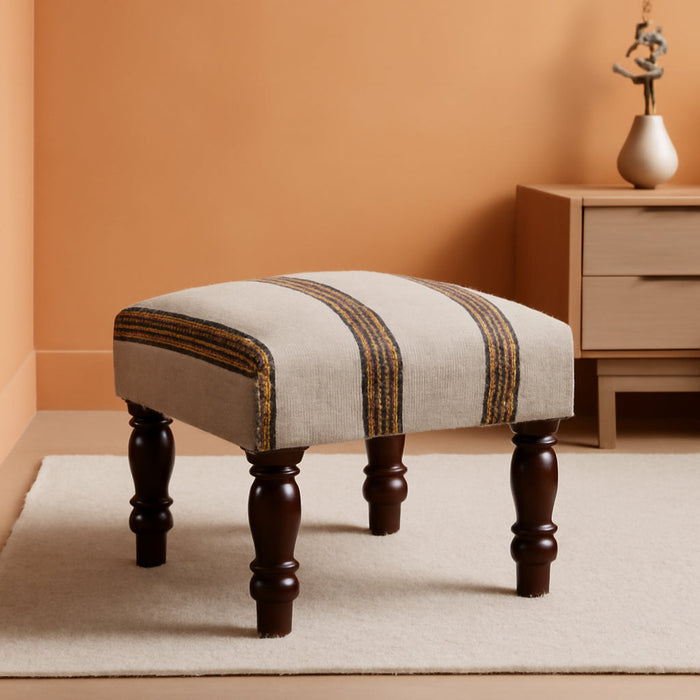 Handmade Jute Soft Ottomans Square Shape Stool for Sitting and Foot Rest with Wooden Legs, Entryway Modern Stool for Living Room, Bedroom (White Wool, L 15.74 X W 15.74 X H 14 Inch)