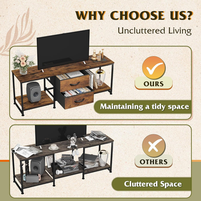 TV Stand Dresser with 2 Drawers, Entertainment Center for 50" Inch TV with Open Storage Shelves, Industrial Media Console for Bedroom, Living Room, Rustic Brown