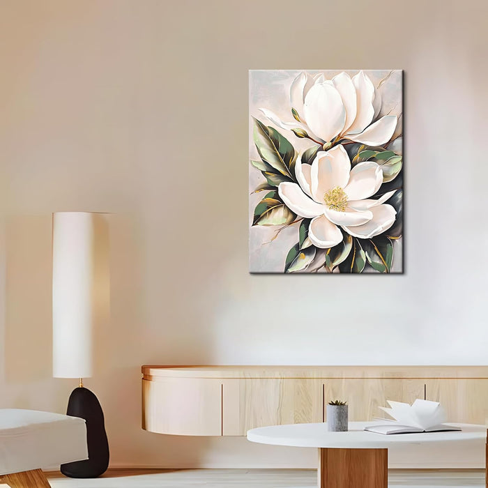 White Flower Canvas Wall Art, Botanical Framed Wall Decor Aesthetic with Handmade Yellow Crystal Accents, Ready to Hang for Bedroom, Bathroom, and Living Room (Flower B, 24*32 In, Wrapped Canvas)