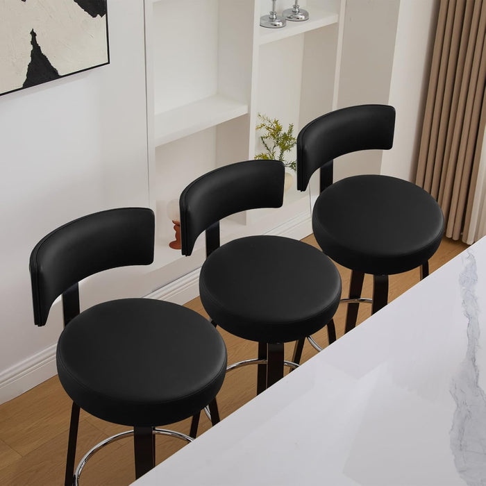 Swivel Counter Height Bar Stools Set of 3, 29" Upholstered Faux Leather Barstools with Back, Mid Century Modern Counter Stools with Black Walnut Wood Legs for Kitchen Island, Black