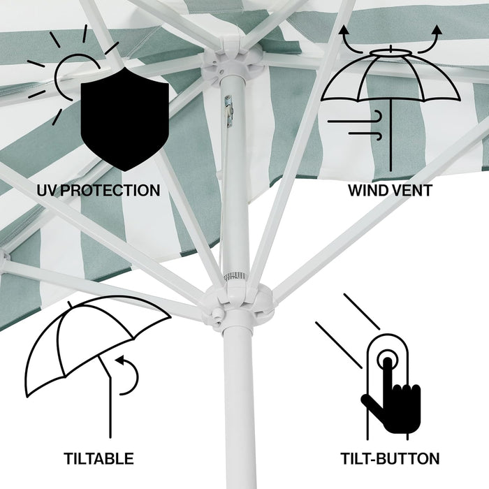 Beverly 9 Ft. Coastal Green and White Striped Half Patio Umbrella with Scalloped Fringe, Crank Lift, and Manual Tilt for Balcony, White Pole UMB1201L