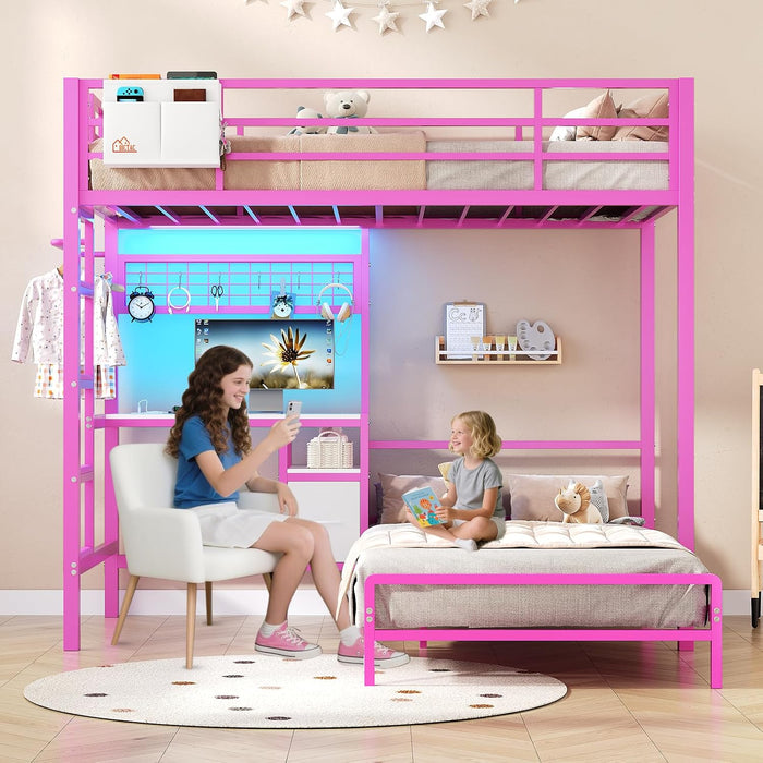 Bunk Bed Twin over Twin with Desk and Storage Metal L-Shaped Bunk Beds with Led Lights & Charging Station,Pink Bunk Beds for Kids with Safety Guardrail and Ladder,Girls Bed,No Box Spring Needed