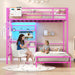 Bunk Bed Twin over Twin with Desk and Storage Metal L-Shaped Bunk Beds with Led Lights & Charging Station,Pink Bunk Beds for Kids with Safety Guardrail and Ladder,Girls Bed,No Box Spring Needed