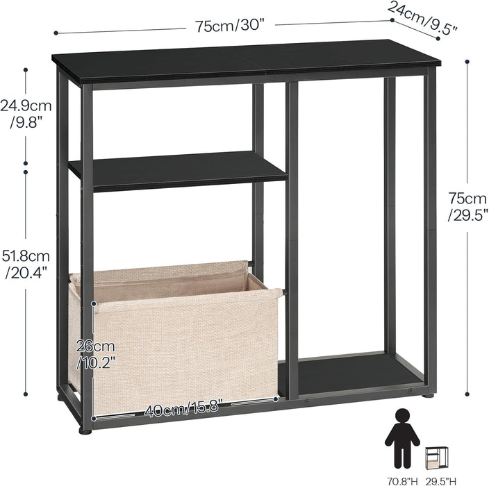 Narrow Console Table with Storage Basket, 29.5" Small Entryway Table with 3-Tier Storage Shelves, behind Couch Sofa Table, Hallway Table for Living Room, Black and Beige BB60XG01